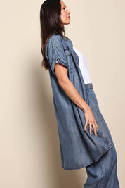 Model Amandam wearing size 10 of the The Luxe Lyocell Shacket Dress – Indigo in colour Indigo, from an angle