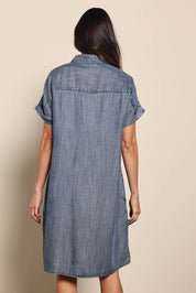 Model Amandam wearing size 10 of the The Luxe Lyocell Shacket Dress – Indigo in colour Indigo, from the back