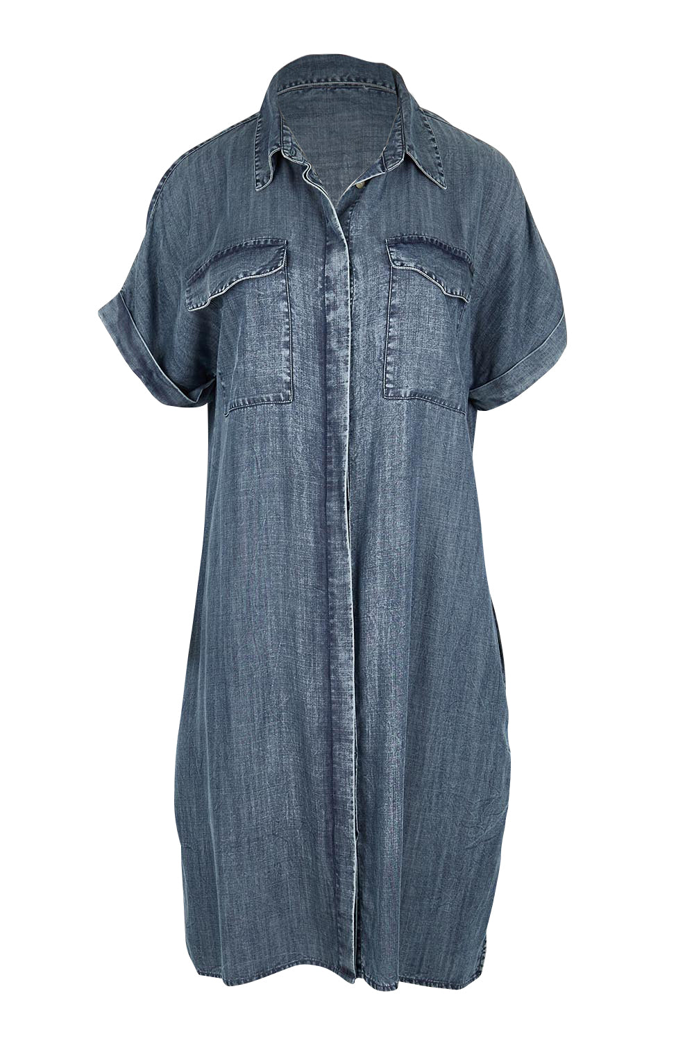 Product shot of the The Luxe Lyocell Shacket Dress – Indigo in colour Indigo, from the front