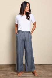 Model Amandam wearing size 10 of the The Luxe Lyocell Pull On Wide Leg Pant – Indigo in colour Indigo, from the front