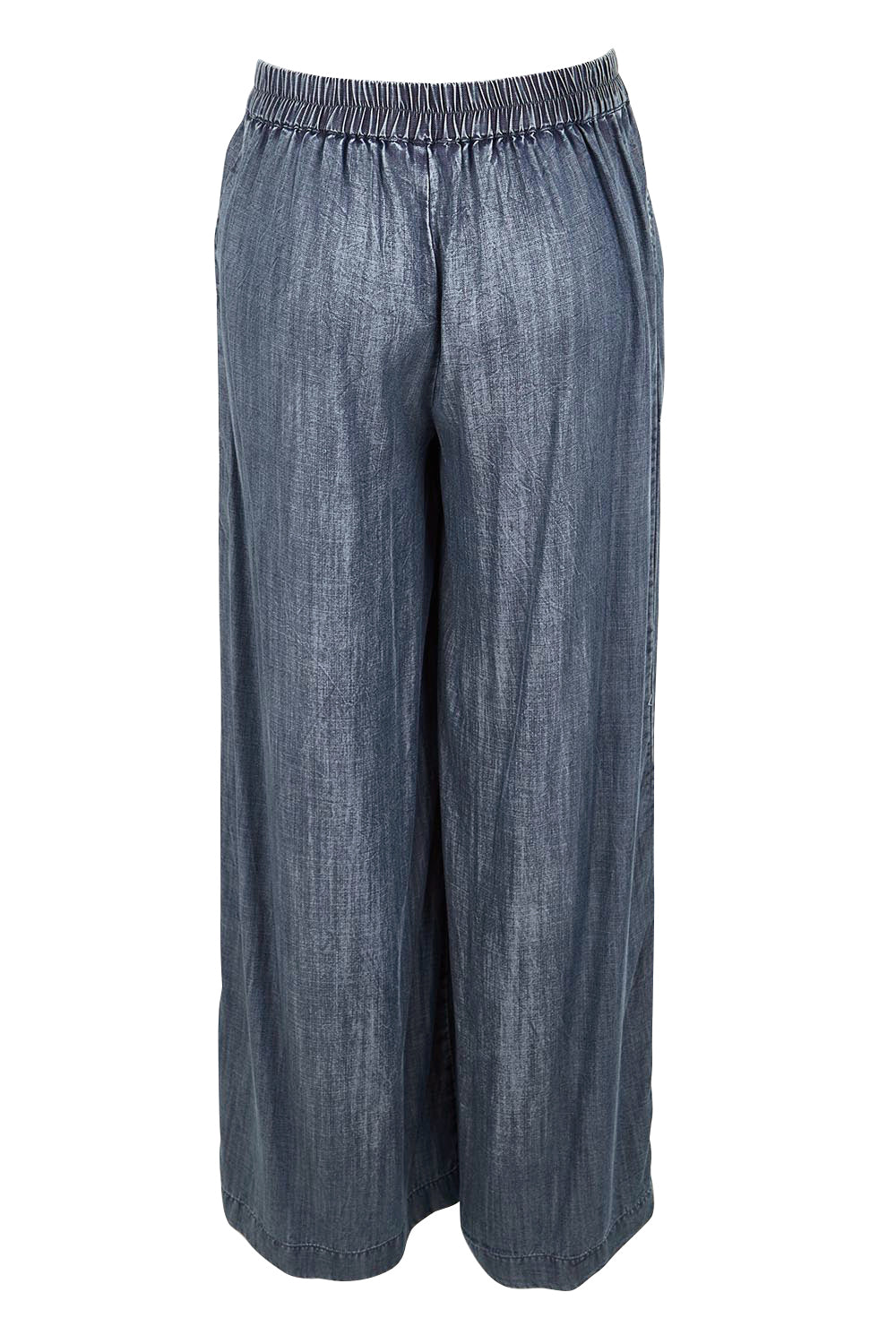 Product shot of the The Luxe Lyocell Pull On Wide Leg Pant – Indigo in colour Indigo, from the back