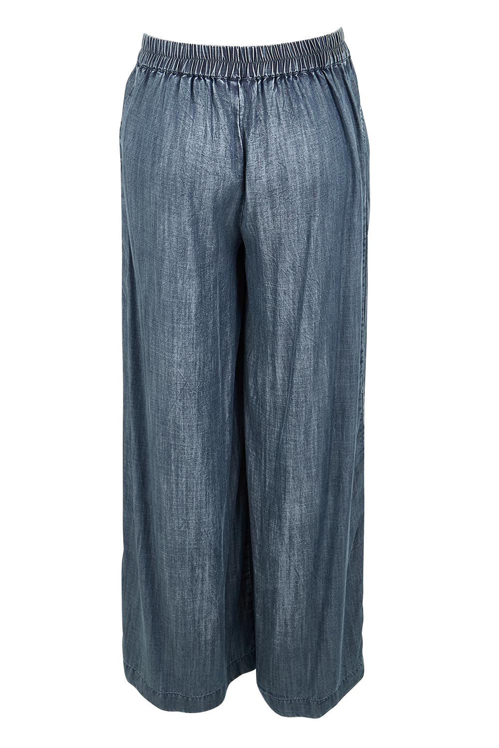 Product shot of the The Luxe Lyocell Pull On Wide Leg Pant – Indigo in colour Indigo, from the back