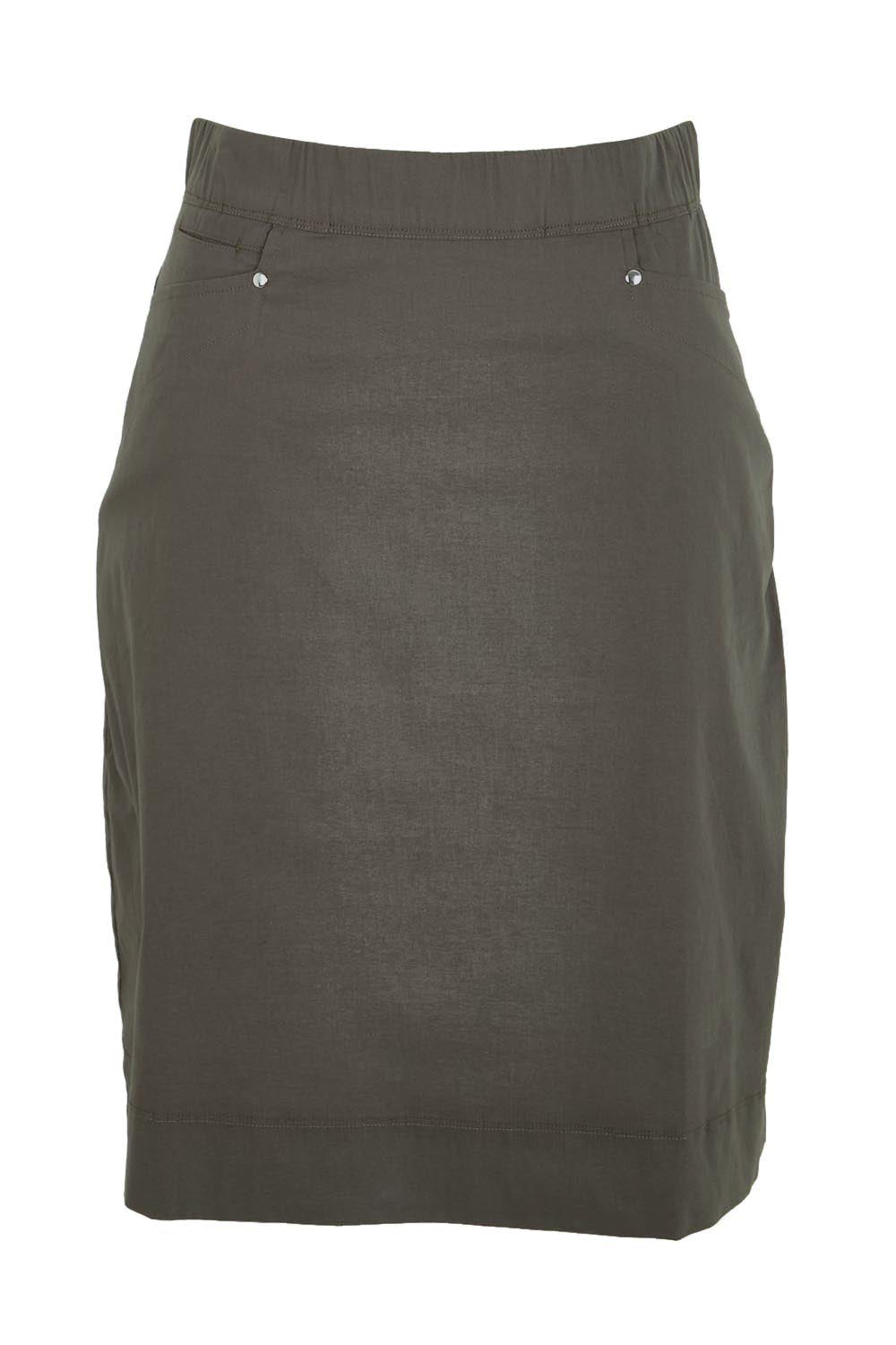 Product shot of the The Lightweight Cotton Blend Stretch Skirt – Olive in colour Olive, from the front