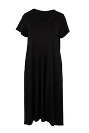 Product shot of the The Easy Wear Bamboo Tee Dress – Black in colour Black, from the front