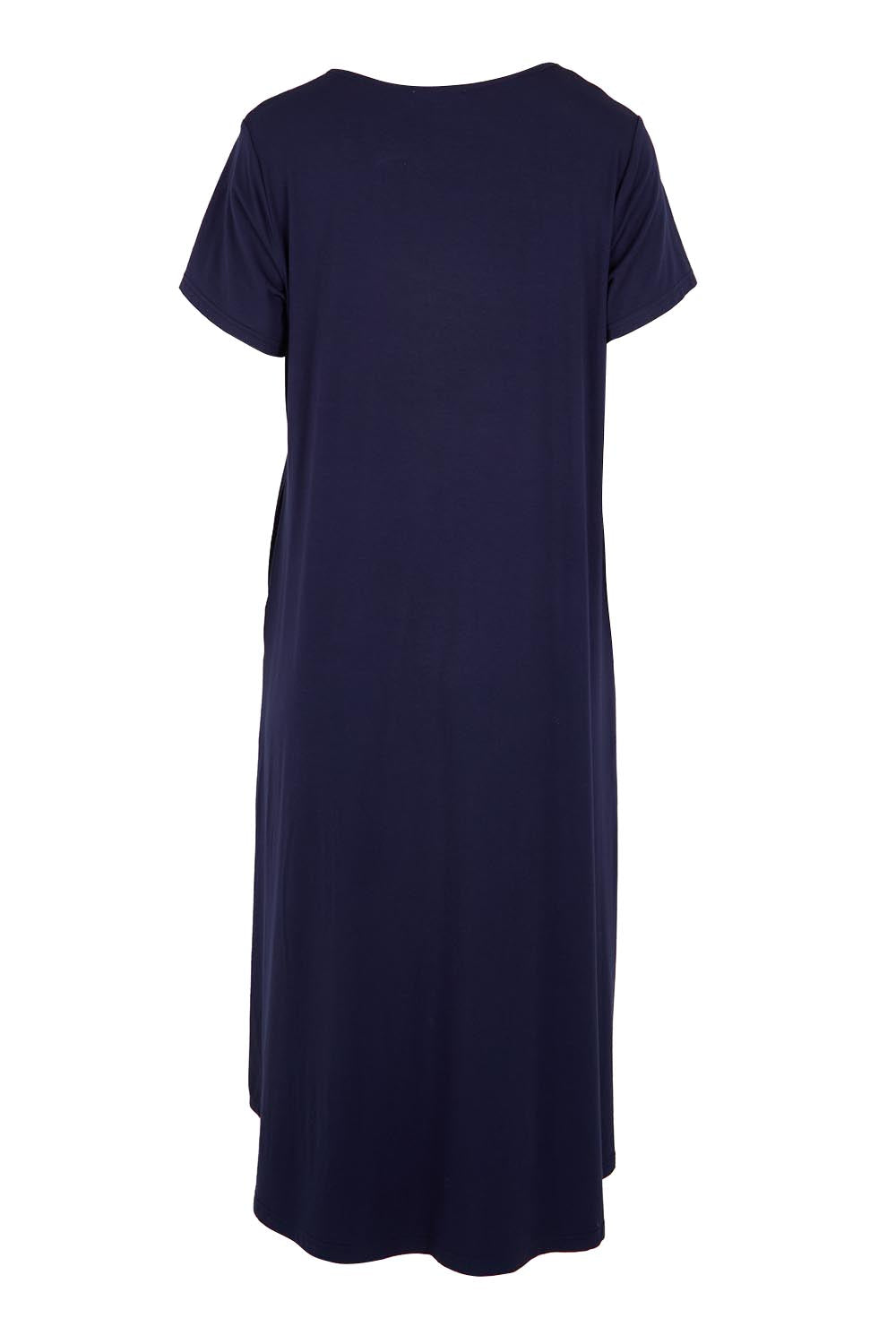 Product shot of the The Easy Wear Bamboo Tee Dress – Navy in colour Navy, from the back