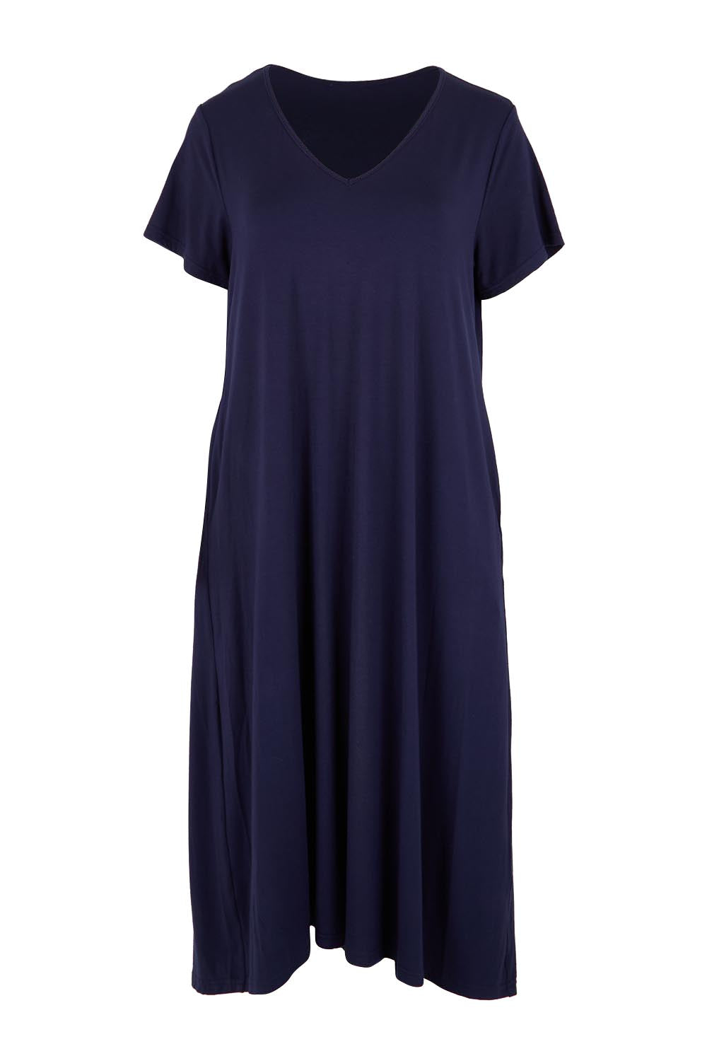 Product shot of the The Easy Wear Bamboo Tee Dress – Navy in colour Navy, from the front