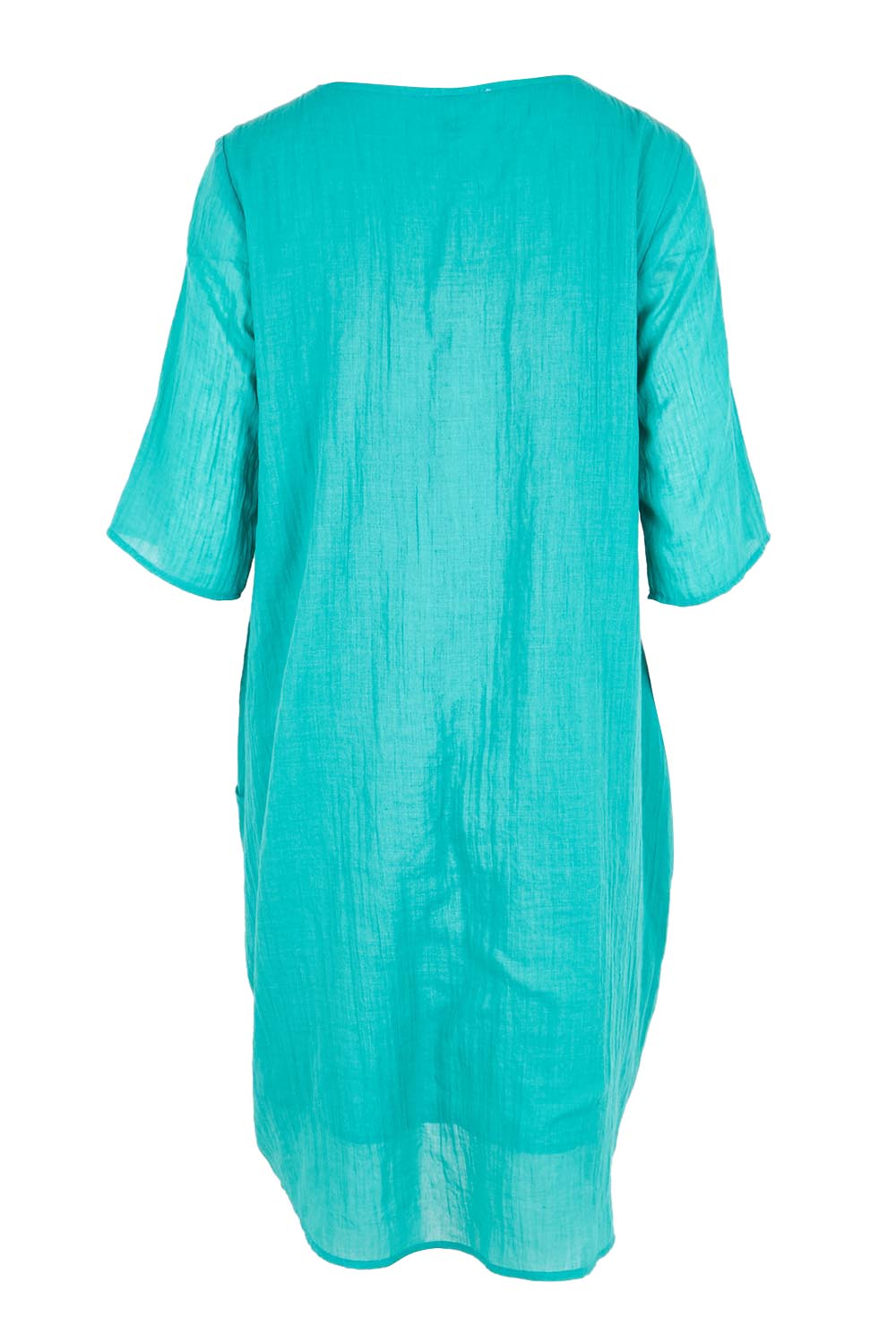 Product shot of the The Summer Cotton Shift Dress With Pockets – Lagoon in colour Lagoon, from the back