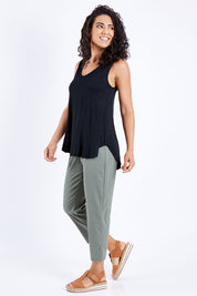 Model Pamela wearing size 10 of The Bamboo Tank in colour Black (Black), from the front, showing the whole outfit