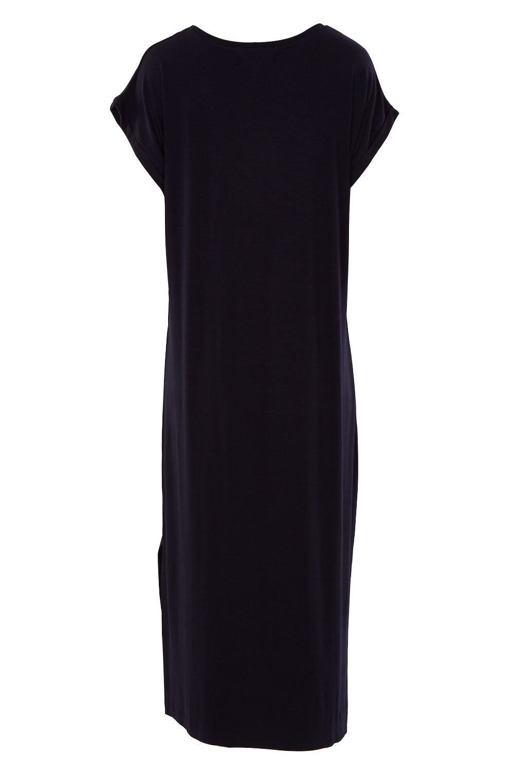 Product shot of The Mid Length Tee Dress in colour Navy (Blue), from the back