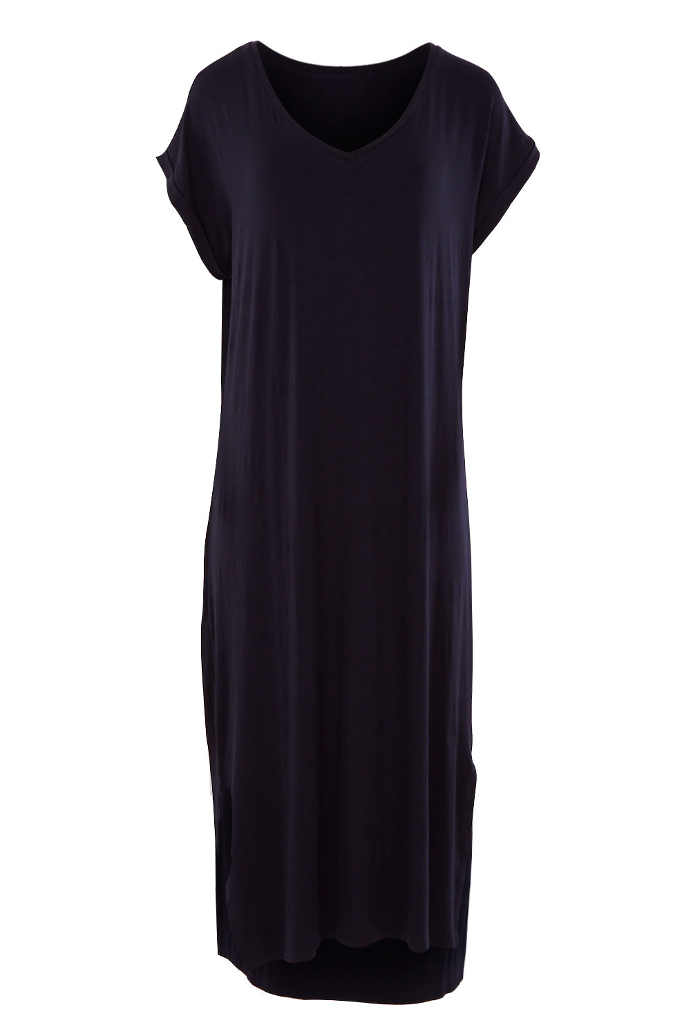 Product shot of The Mid Length Tee Dress in colour Navy (Blue), from the front