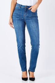 Model Anna wearing size 10 of The Classic Straight Leg Jean in colour BlueWash (Blue), from the front, cropped image