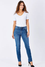 Model Anna wearing size 10 of The Classic Straight Leg Jean in colour BlueWash (Blue), from the front, showing the whole outfit