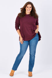 Model Mae wearing size 18 of The Classic Straight Leg Jean in colour BlueWash (Blue), from the front, showing the whole outfit