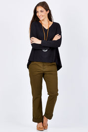Model Anna wearing size 10 of The V Neck Cotton Tee in colour Black (Black), from the front, showing the whole outfit