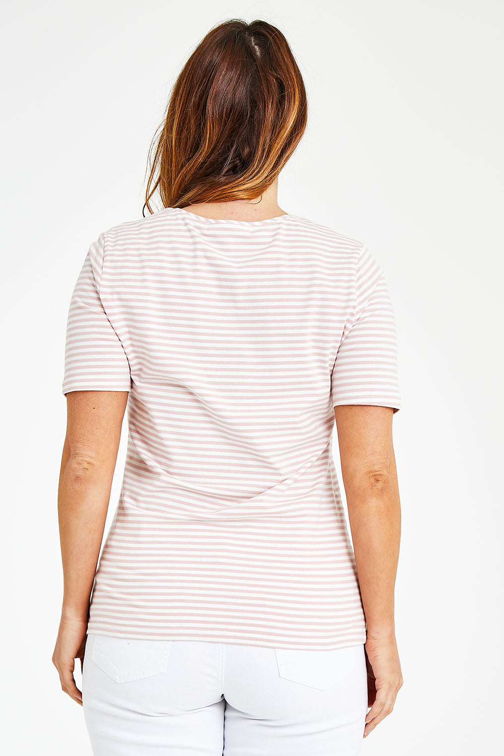 Model Laura wearing size 14 of The Striped Half Sleeve Tee in colour Blushwhite (White), from the back