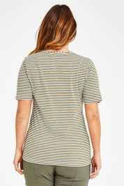 Model Laura wearing size 14 of The Striped Half Sleeve Tee in colour Khakiwhite (White), from the back