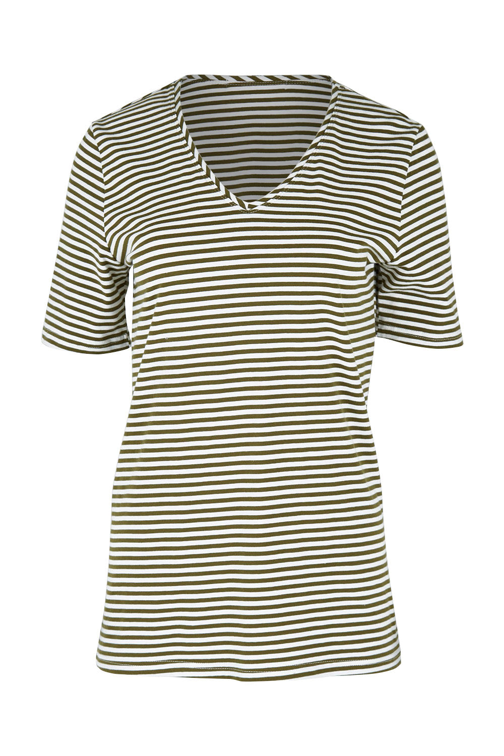 Product shot of The Striped Half Sleeve Tee in colour Khakiwhite (White), from the front