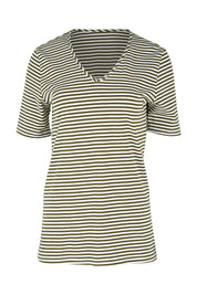 Product shot of The Striped Half Sleeve Tee in colour Khakiwhite (White), from the front