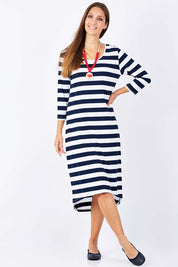 Model Anna wearing size 10 of The High Low Midi Dress in colour NavyWhite (Blue), from the front, showing the whole outfit