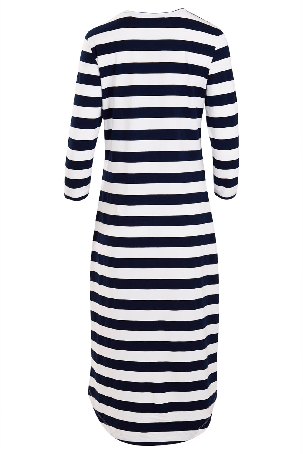 Product shot of The High Low Midi Dress in colour NavyWhite (Blue), from the back