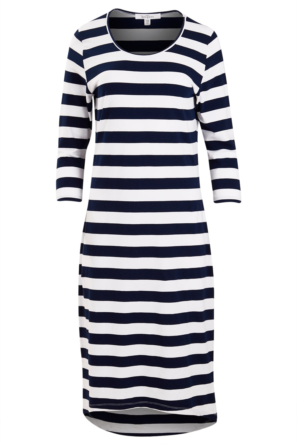 Product shot of The High Low Midi Dress in colour NavyWhite (Blue), from the front