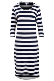 Product shot of The High Low Midi Dress in colour NavyWhite (Blue), from the front
