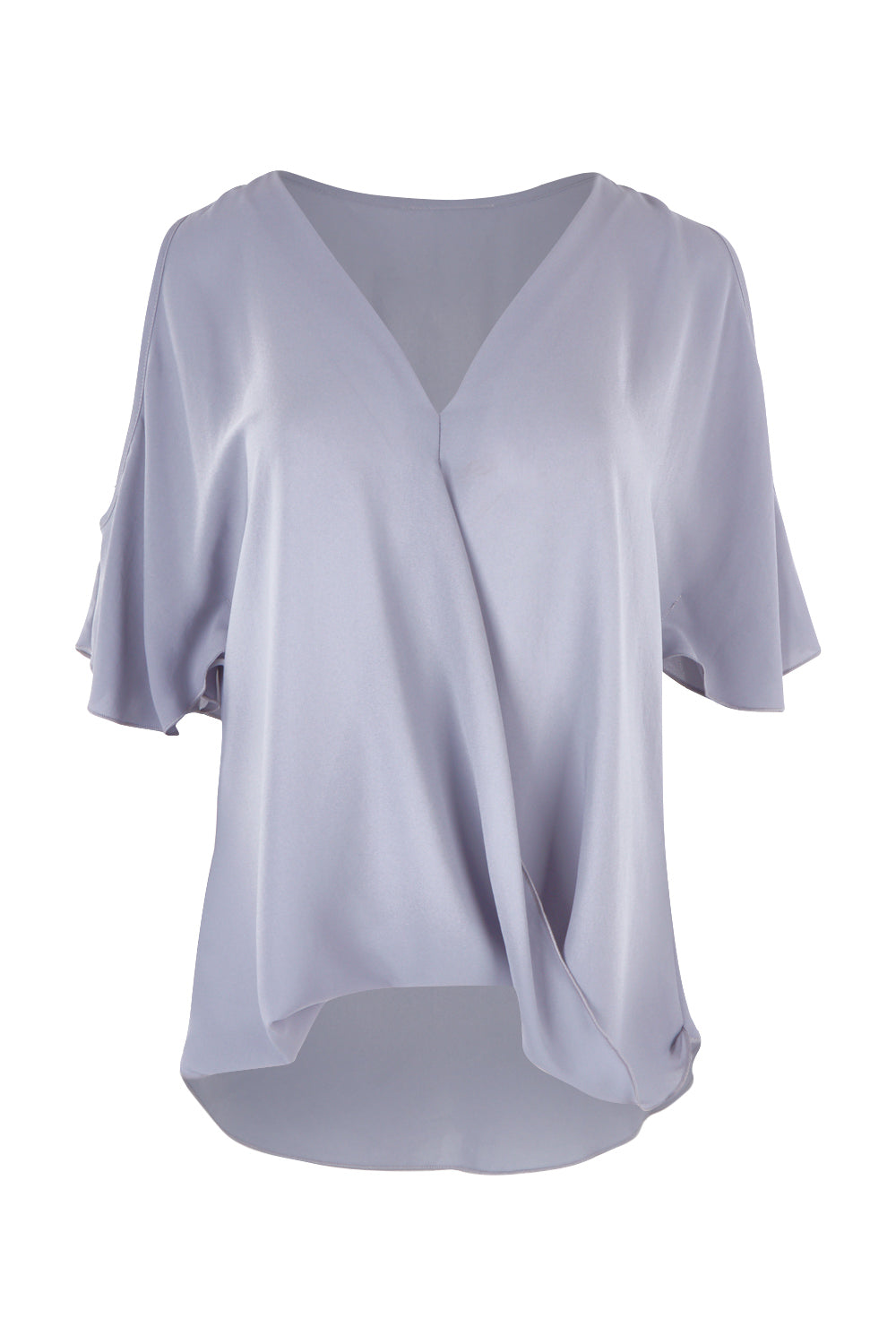 Product shot of The Cut Out Shoulder Blouse in colour Silver (Grey), from the front