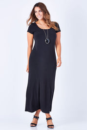 Model Laura wearing size 12 of The Cap Sleeve Maxi Dress in colour Black (Black), from the front, showing the whole outfit