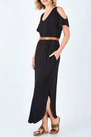 Model Chelsea wearing size 10 of The Shoulder Splice Maxi Dress in colour Black (Black), from the front, cropped image
