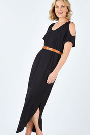 Model Chelsea wearing size 10 of The Shoulder Splice Maxi Dress in colour Black (Black), from the front, cropped image