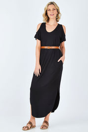 Model Chelsea wearing size 10 of The Shoulder Splice Maxi Dress in colour Black (Black), from the front, showing the whole outfit