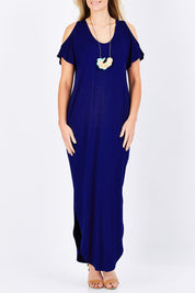 Model Maddy wearing size 10 of The Shoulder Splice Maxi Dress in colour Sapphire (Blue), from the front, cropped image