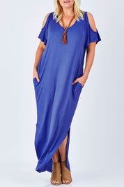 Model Natalie wearing size 16 of The Shoulder Splice Maxi Dress in colour Splash (Blue), from the front, cropped image