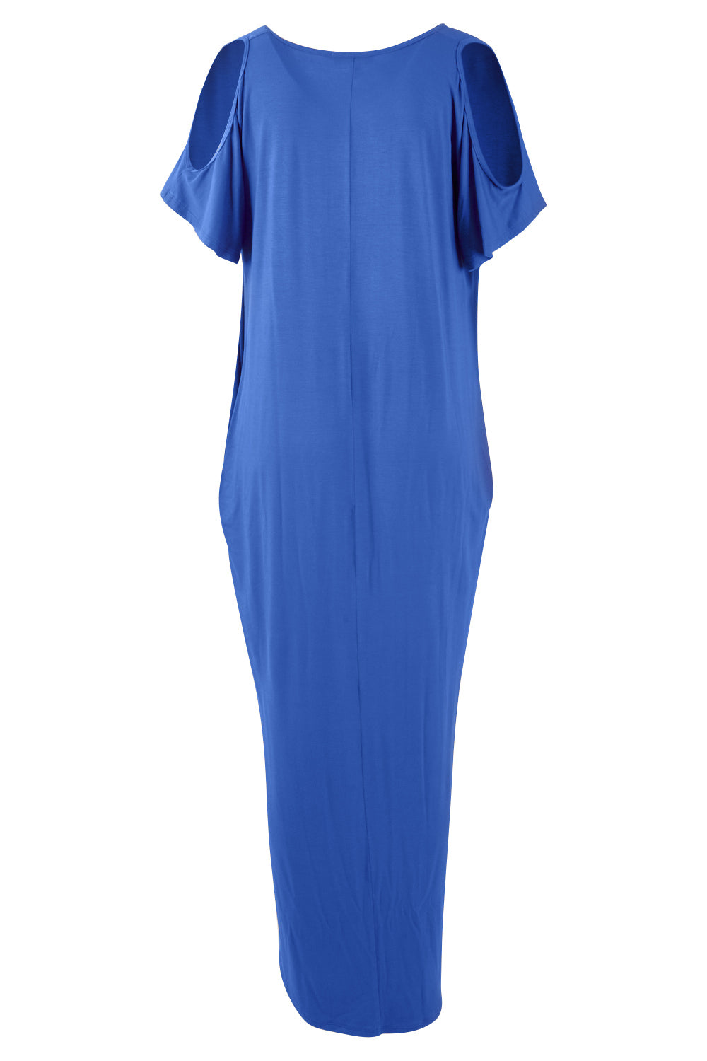 Product shot of The Shoulder Splice Maxi Dress in colour Splash (Blue), from the back