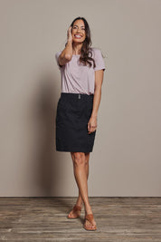 Model Amanda wearing size 10 of The Cotton Cargo Skirt in colour Black (Black), from the front, showing the whole outfit
