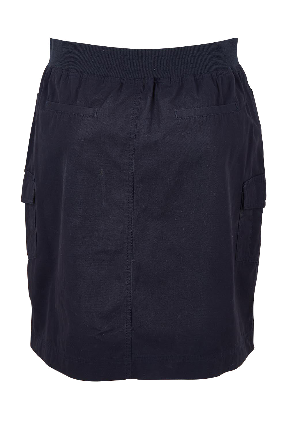 Product shot of The Cotton Cargo Skirt in colour Navy (Blue), from the back