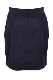 Product shot of The Cotton Cargo Skirt in colour Navy (Blue), from the back