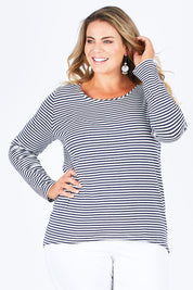Model Fiona wearing size 16 of The Relaxed Long Sleeve Tee in colour Ink Stripe (Blue), from the front, cropped image