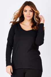 Model Laura wearing size 12 of The Relaxed Long Sleeve Tee in colour Black (Black), from the front, cropped image