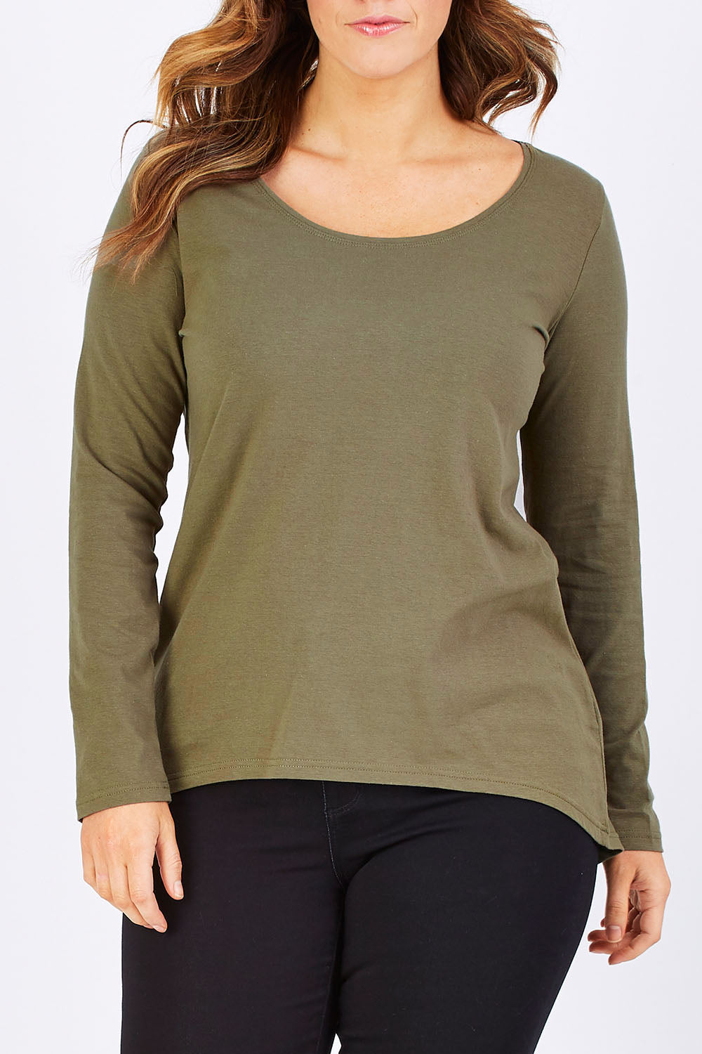 Model Laura wearing size 12 of The Relaxed Long Sleeve Tee in colour Khaki (Green), from the front, cropped image