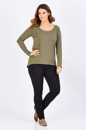 Model Laura wearing size 12 of The Relaxed Long Sleeve Tee in colour Khaki (Green), from the front, showing the whole outfit