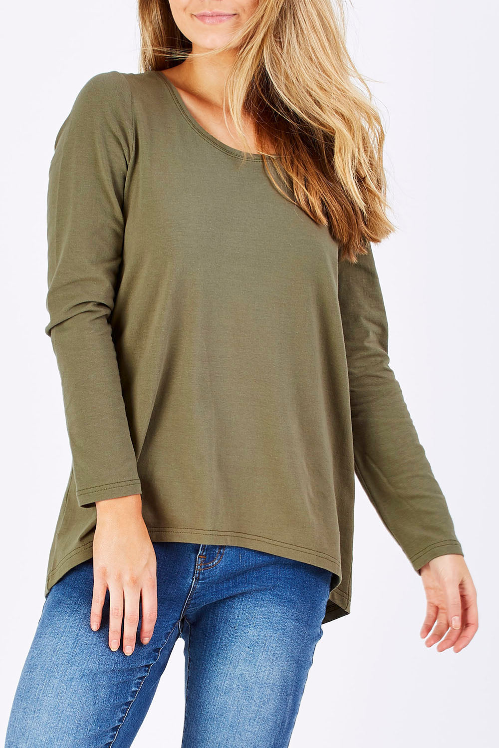 Model Marnee wearing size 10 of The Relaxed Long Sleeve Tee in colour Khaki (Green), from the front, cropped image