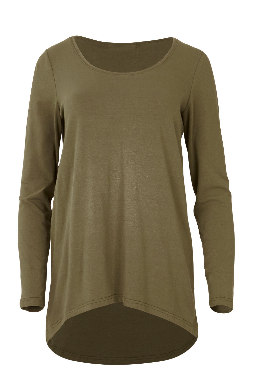 Product shot of The Relaxed Long Sleeve Tee in colour Khaki (Green), from the front