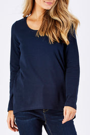 Model Marnee wearing size 10 of The Relaxed Long Sleeve Tee in colour Navy (Black), from the front, cropped image