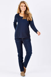 Model Marnee wearing size 10 of The Relaxed Long Sleeve Tee in colour Navy (Black), from the front, showing the whole outfit
