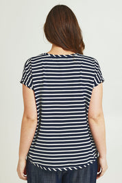 Model Jane wearing size 14 of The Striped Drape Tee in colour Navywhite (Blue), from the back