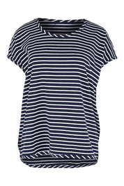 Product shot of The Striped Drape Tee in colour Navywhite (Blue), from the front