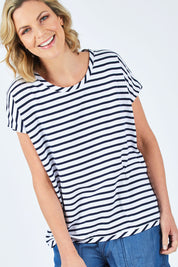 Model Chelsea wearing size 10 of The Drape Tee in colour NavyStripe (Blue), from the front, cropped image