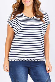 Model Laura wearing size 12 of The Drape Tee in colour NavyStripe (Blue), from the front, cropped image