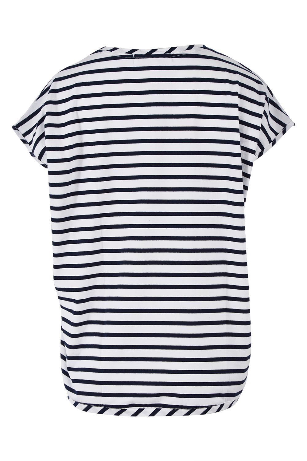 Product shot of The Drape Tee in colour NavyStripe (Blue), from the back